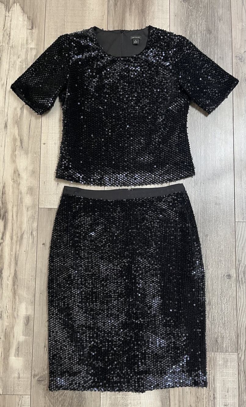 Ann Taylor Black Sequin Top Skirt Set Women Top-XS Pencil Skirt-4 Party Outfit